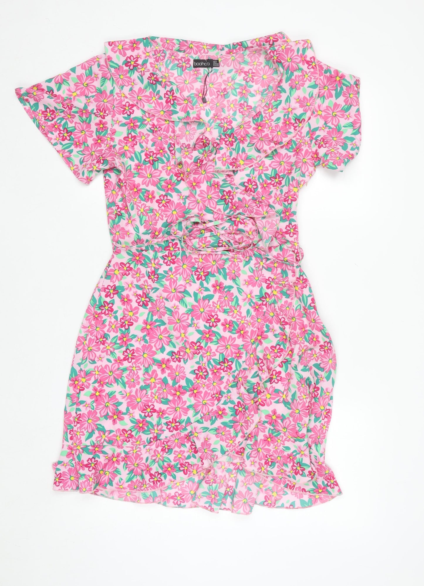Boohoo Women’s Pink Floral Wrap Short Dress Size 10