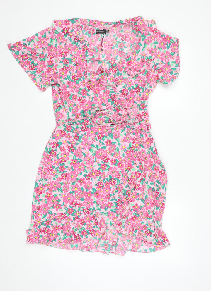 Boohoo Women’s Pink Floral Wrap Short Dress Size 10