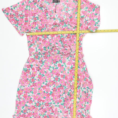 Boohoo Women’s Pink Floral Wrap Short Dress Size 10