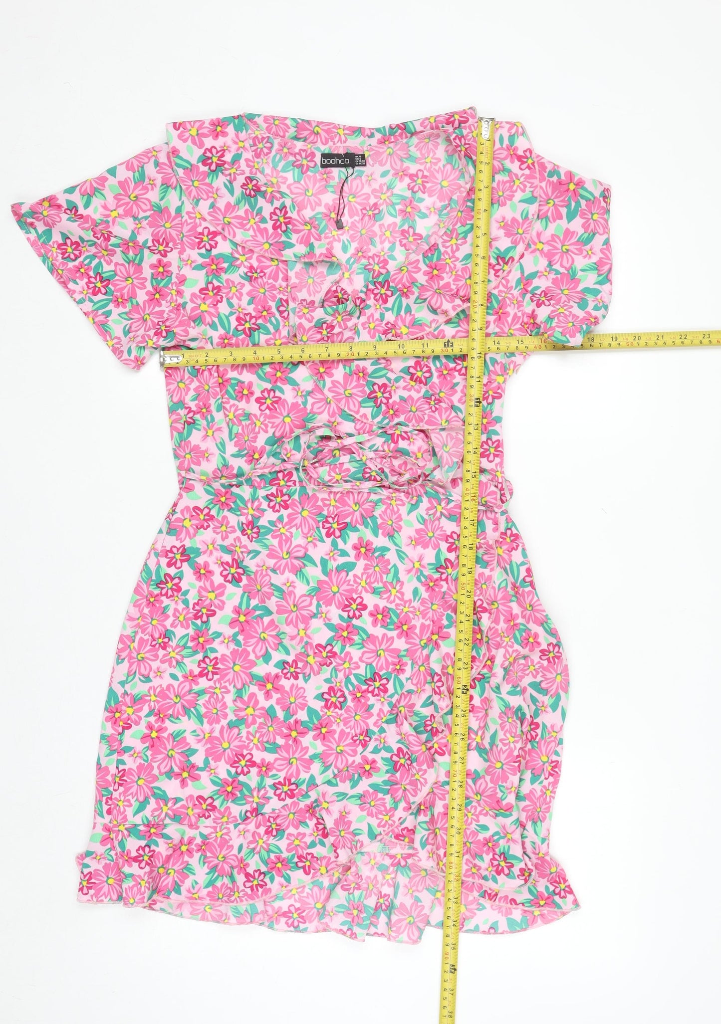 Boohoo Women’s Pink Floral Wrap Short Dress Size 10