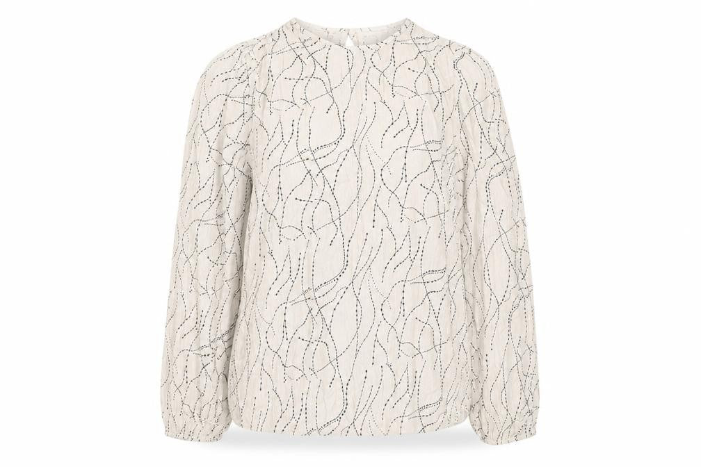 Front view of VILA women’s beige patterned viscose tunic blouse, size UK 12