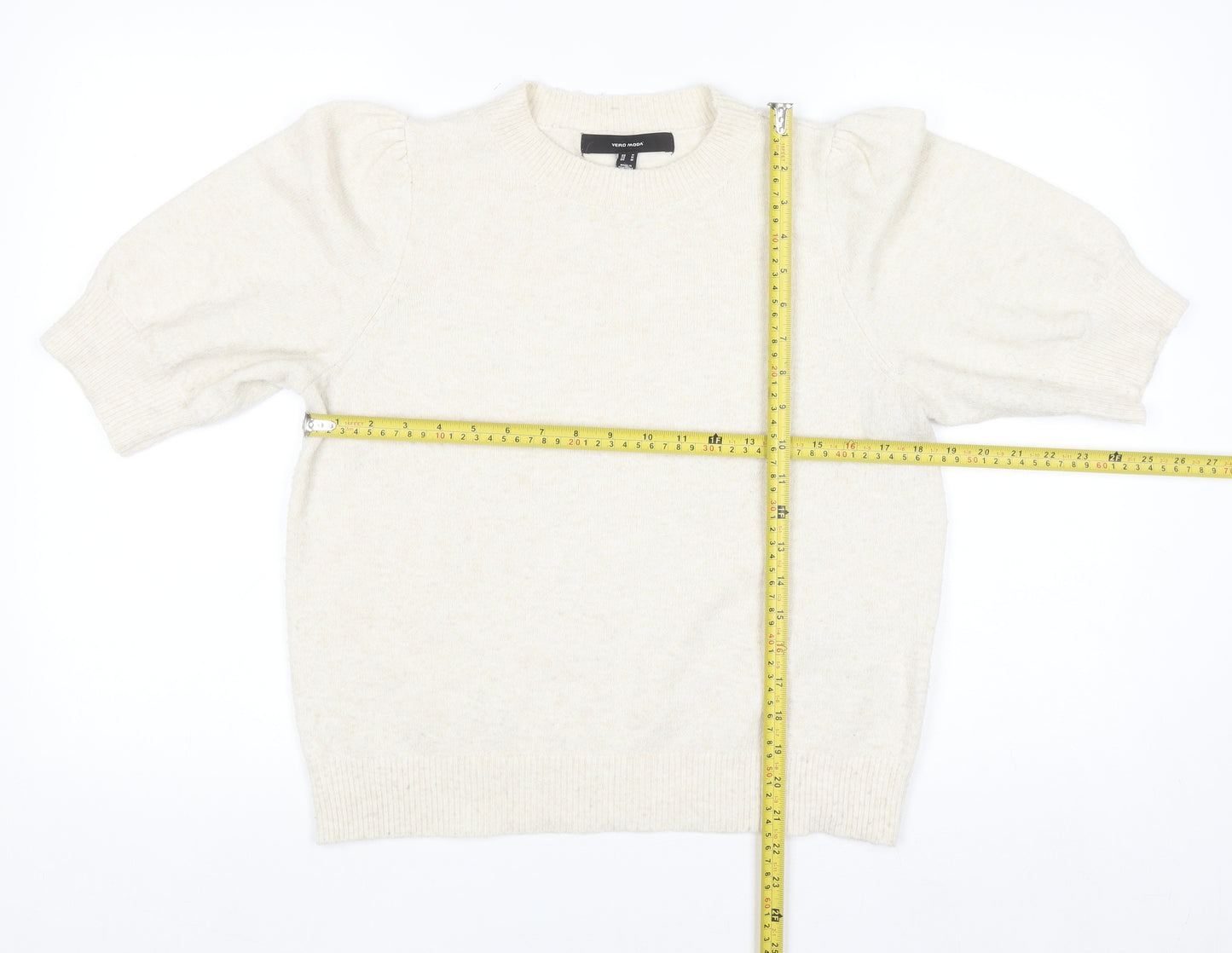 Vero Moda Women's Ivory Knit Puff Sleeve Crew Neck Jumper M