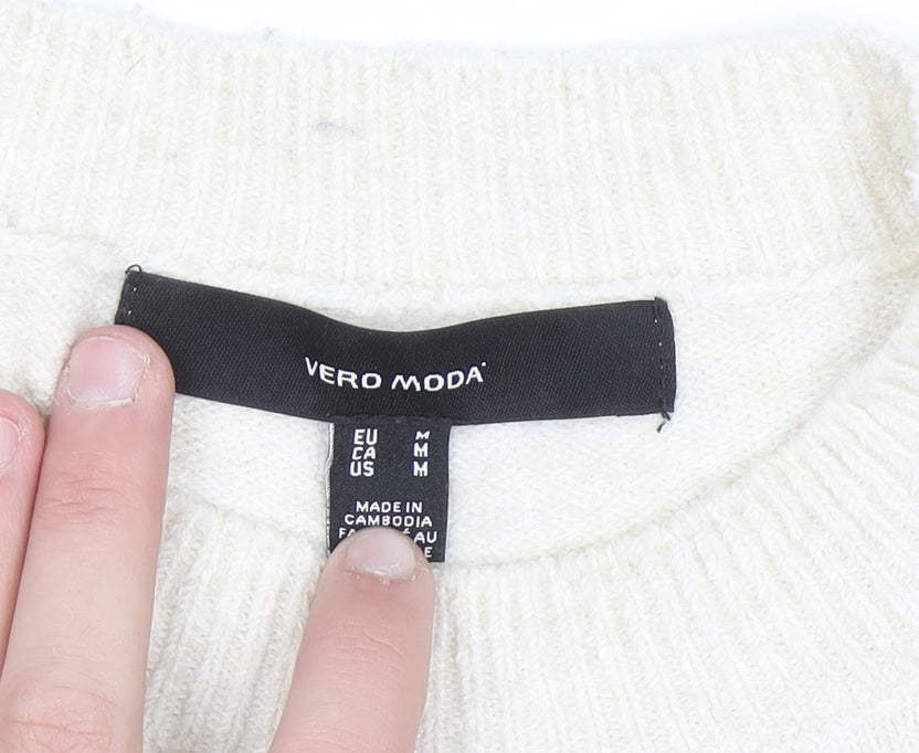 Vero Moda Women's Ivory Knit Puff Sleeve Crew Neck Jumper M