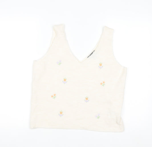 Primark Women Ivory Floral Embroidered Knit Sleeveless V-Neck Vest L