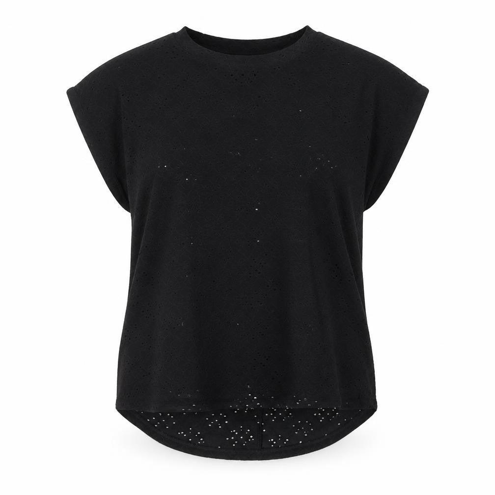 Front view of Only Women's Black Lace Short Sleeve Blouse, size M