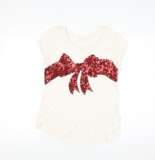 H&M Women’s Ivory Sequin Bow Short Sleeve T-Shirt Size 12