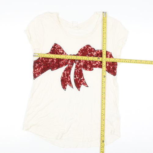 H&M Women’s Ivory Sequin Bow Short Sleeve T-Shirt Size 12