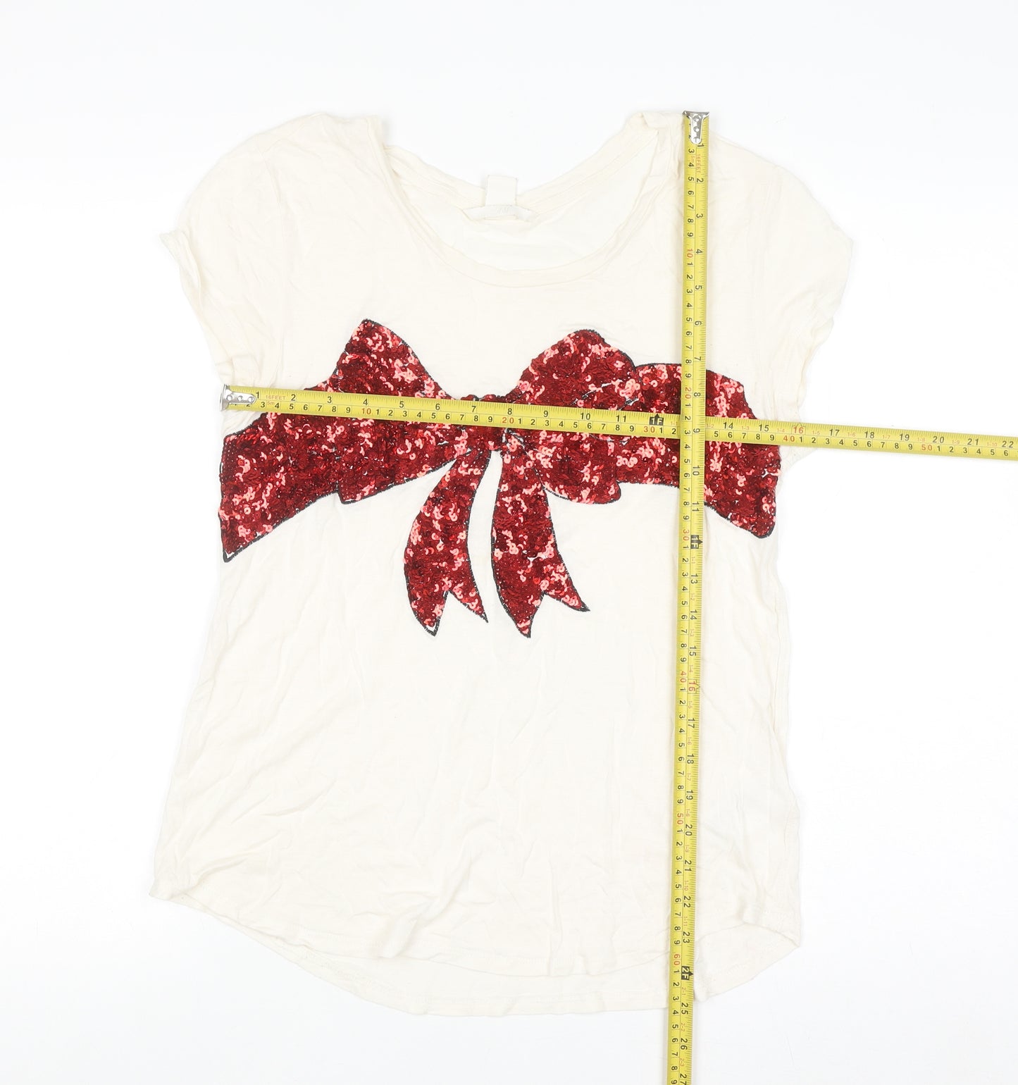 H&M Women’s Ivory Sequin Bow Short Sleeve T-Shirt Size 12