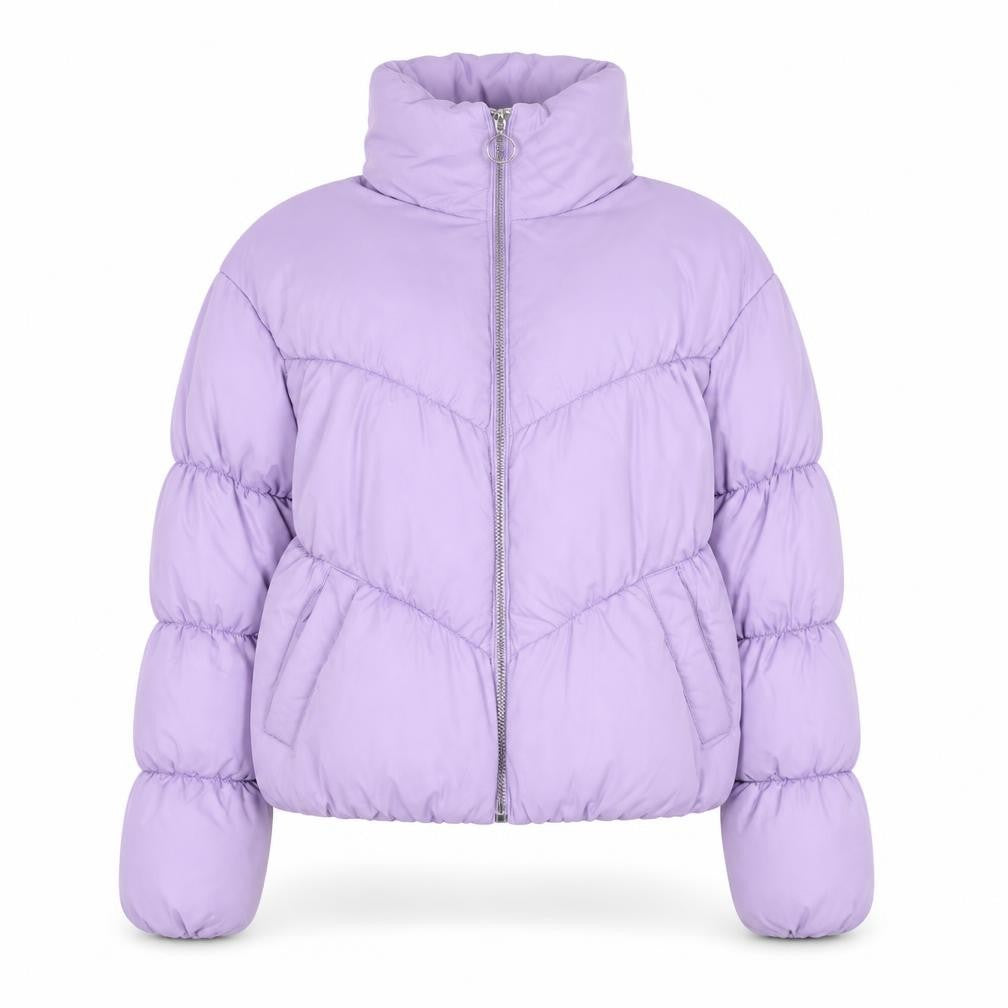 Front view of Bershka Women Purple Cropped Puffer Jacket XS Lined Zip