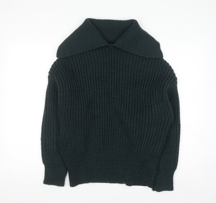 H&M Women's Green Collared Chunky Knit Pullover Jumper Size M