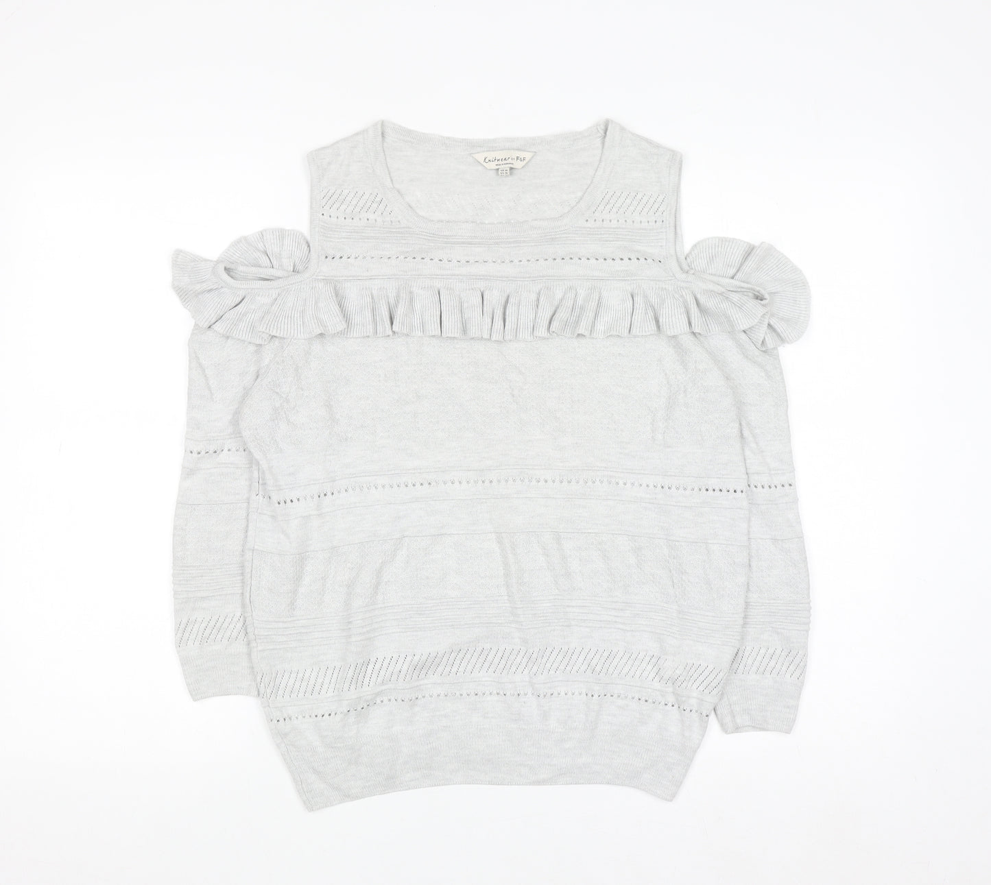 F&F Womens Grey Cold Shoulder Ruffle Knit Jumper Size 14