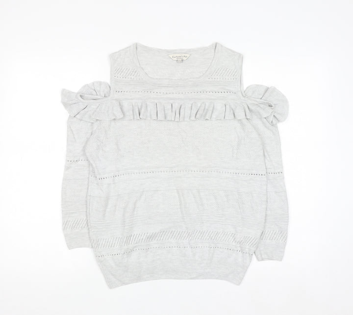 F&F Womens Grey Cold Shoulder Ruffle Knit Jumper Size 14