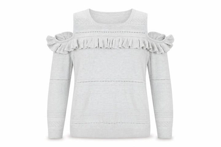 F&F Womens Grey Cold Shoulder Ruffle Knit Jumper Size 14