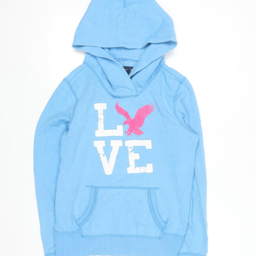 American Eagle Outfitters Women Blue Pullover Hoodie Size M LOVE Print