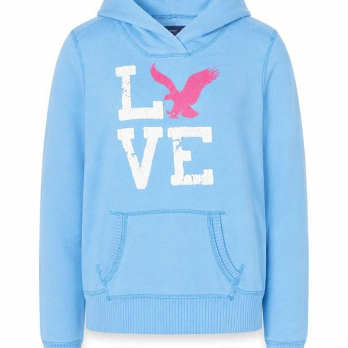 American Eagle Outfitters Women Blue Pullover Hoodie Size M LOVE Print