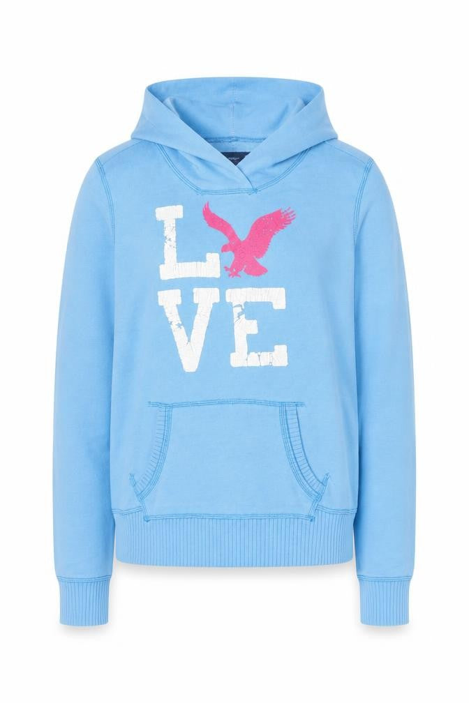 American Eagle Outfitters Women Blue Pullover Hoodie Size M LOVE Print