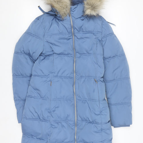 Marks and Spencer Women's Blue Puffer Coat Size 8 Long Hooded Stormwear