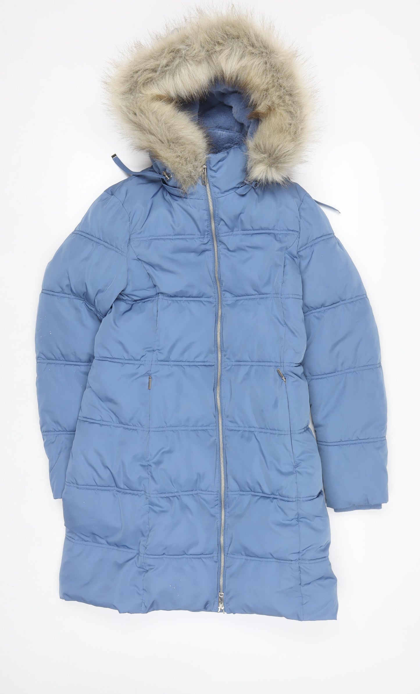 Marks and Spencer Women's Blue Puffer Coat Size 8 Long Hooded Stormwear