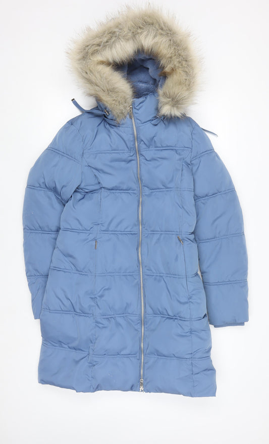 Marks and Spencer Women's Blue Puffer Coat Size 8 Long Hooded Stormwear