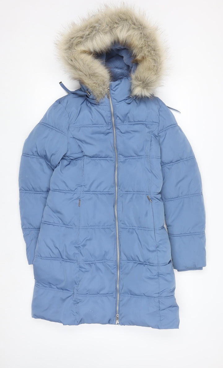 Marks and Spencer Women's Blue Puffer Coat Size 8 Long Hooded Stormwear