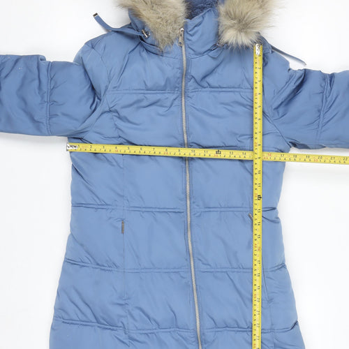 Marks and Spencer Women's Blue Puffer Coat Size 8 Long Hooded Stormwear