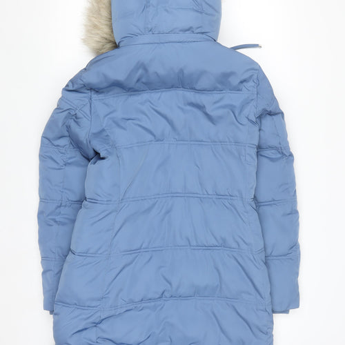 Marks and Spencer Women's Blue Puffer Coat Size 8 Long Hooded Stormwear