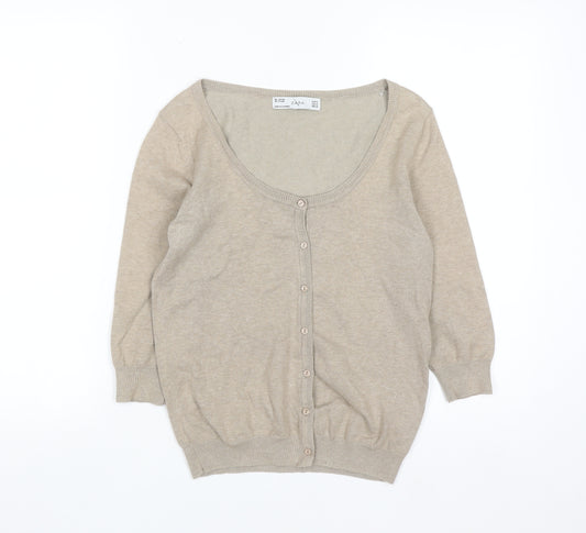 Zara Women Beige Knit 3/4 Sleeve Scoop Neck Cardigan Size 12