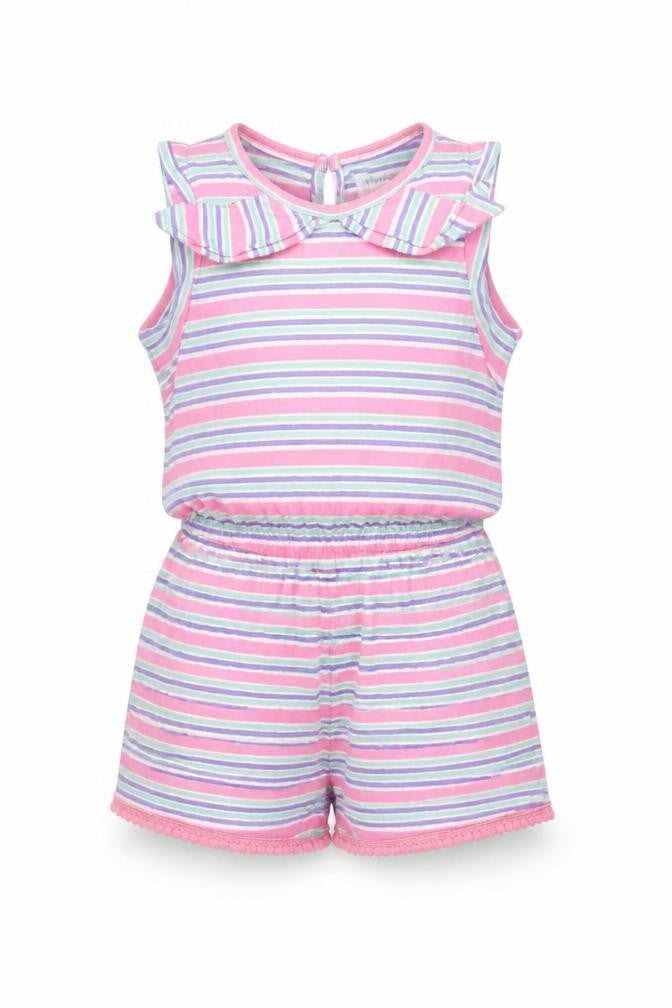 Front view of V by Very girls’ multicoloured striped cotton playsuit 4-5 years sleeveless