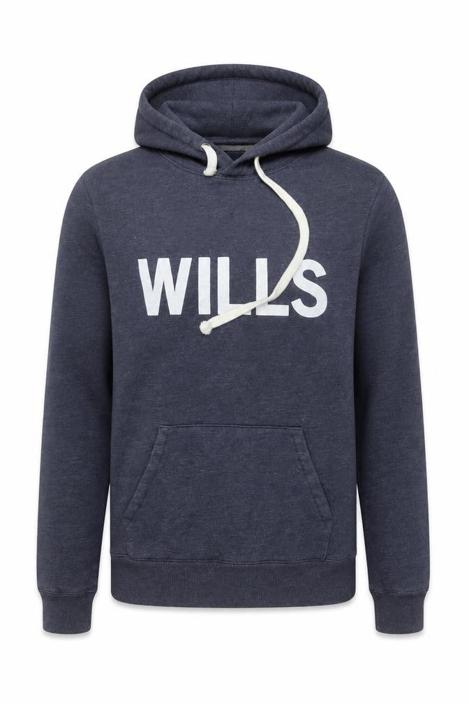 Front view of Jack Wills Men's Blue Pullover Hoodie, size S, Logo Graphic Fleece