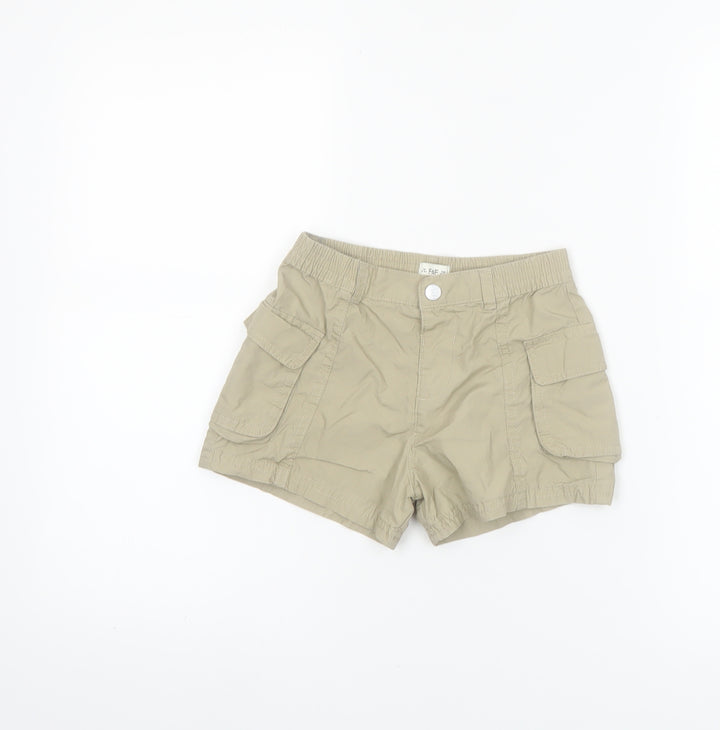 F&F Girls Beige Cargo Shorts 5-6 Years 100% Cotton Elastic Waist Pockets