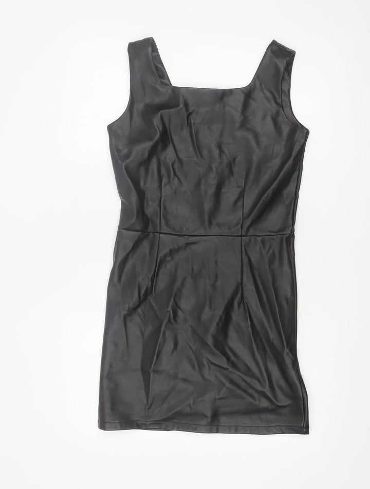Primark Girls Black Faux Leather Bodycon Dress 13-14 Years Sleeveless Zip Back
