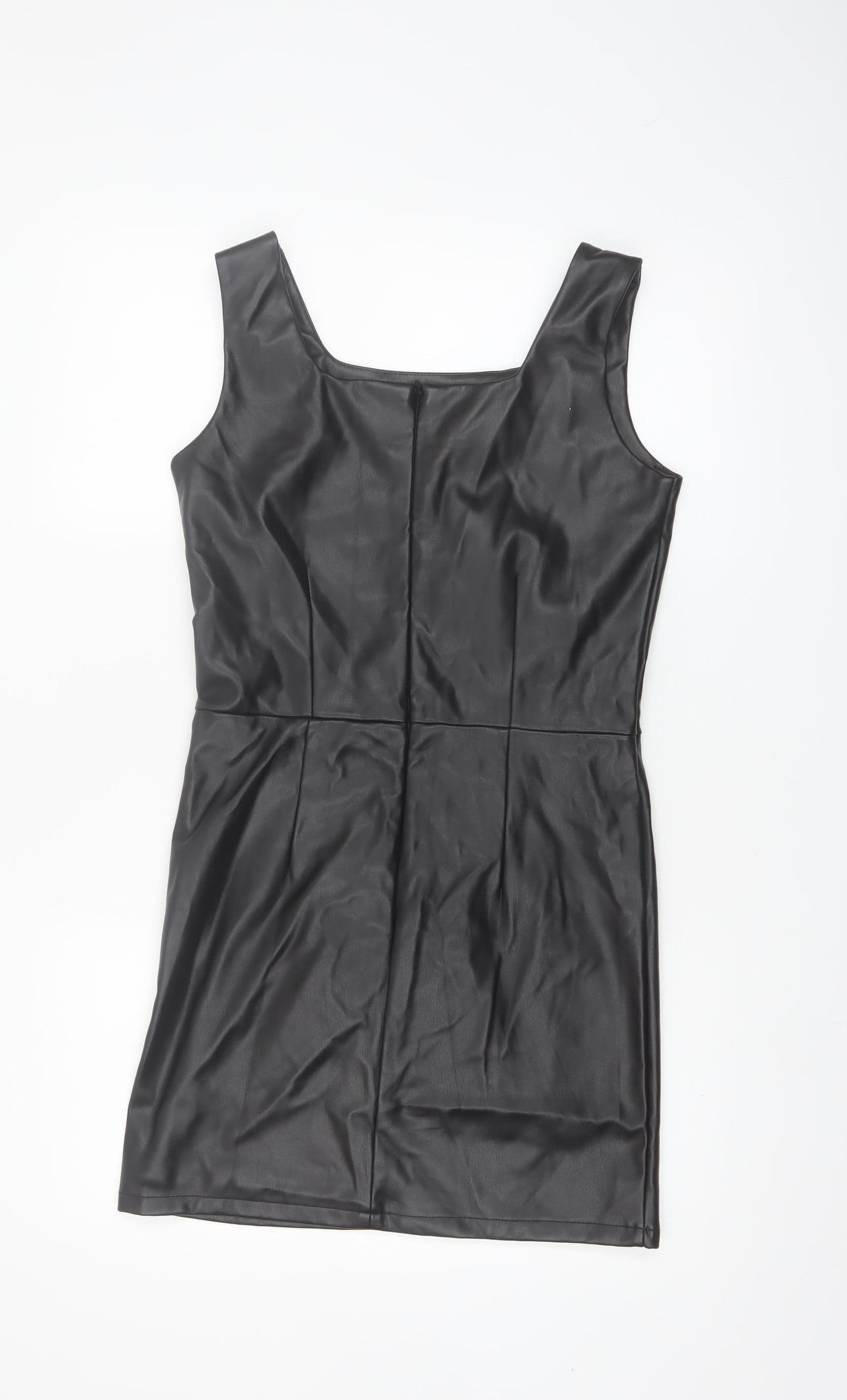 Primark Girls Black Faux Leather Bodycon Dress 13-14 Years Sleeveless Zip Back