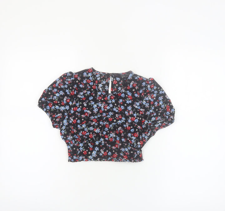 New Look Girls Black Floral Cropped Blouse Age 9 134cm Short Sleeve