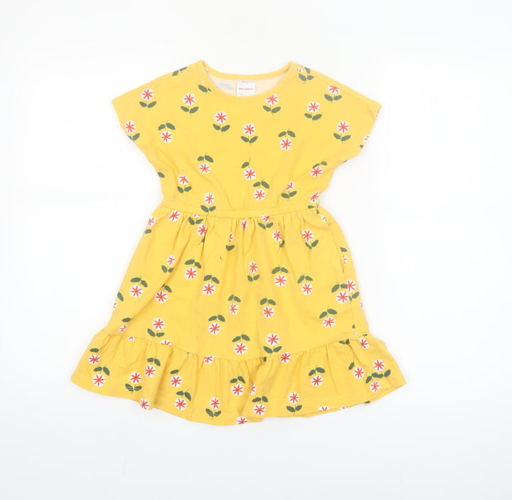 Hanna Andersson Girls Yellow Floral Cotton Skater Dress 4 Years