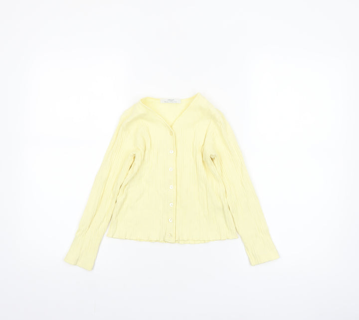 Marks and Spencer Girls Yellow Button-Up Top 7-8 Years Cotton V-Neck