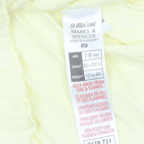 Marks and Spencer Girls Yellow Button-Up Top 7-8 Years Cotton V-Neck