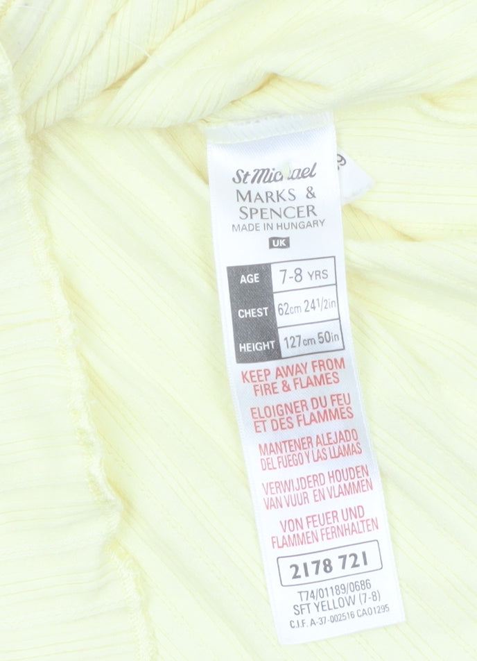 Marks and Spencer Girls Yellow Button-Up Top 7-8 Years Cotton V-Neck