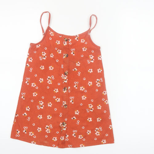 Primark Girls Orange Floral Button Pinafore Dress 5-6 Years