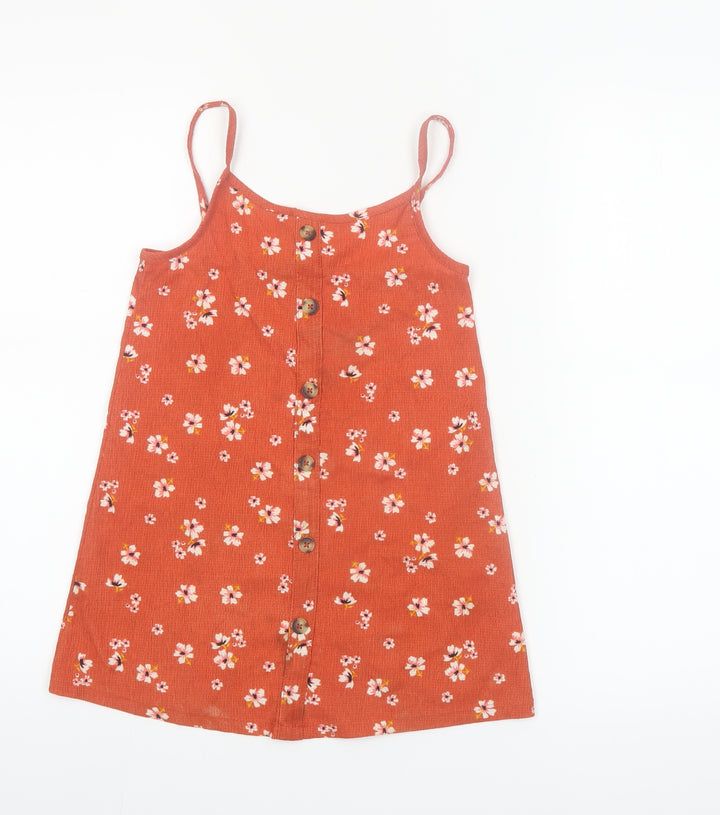 Primark Girls Orange Floral Button Pinafore Dress 5-6 Years