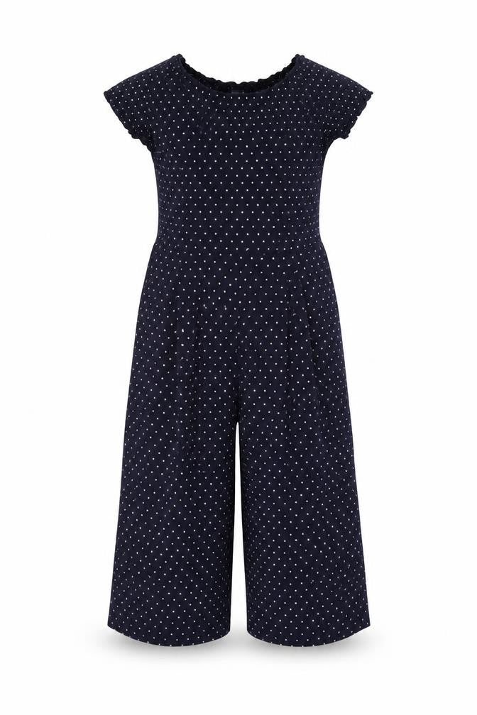 Front view of St Bernard girls’ blue polka dot jumpsuit age 6 short sleeve casual