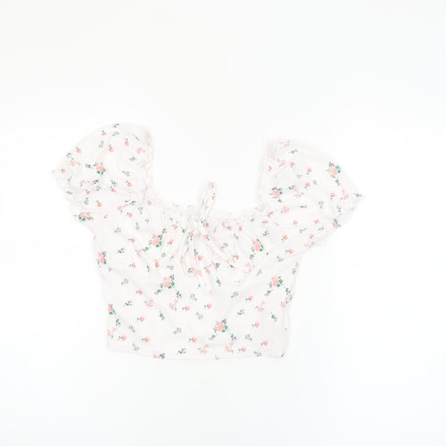 SHEIN Women’s White Floral Cropped Puff Sleeve Blouse S