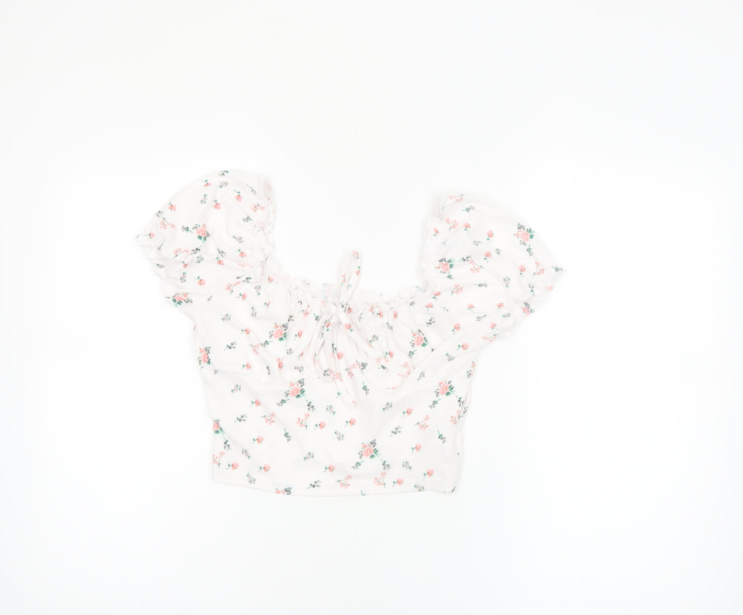 SHEIN Women’s White Floral Cropped Puff Sleeve Blouse S