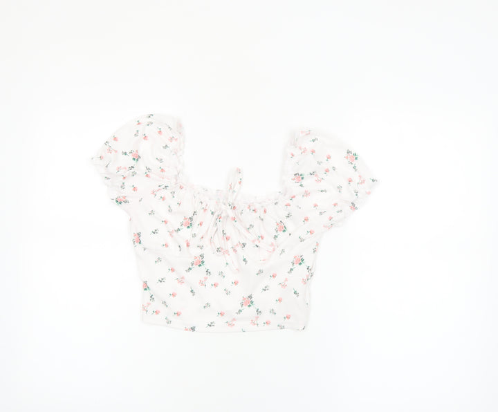 SHEIN Women’s White Floral Cropped Puff Sleeve Blouse S