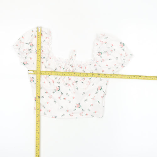 SHEIN Women’s White Floral Cropped Puff Sleeve Blouse S