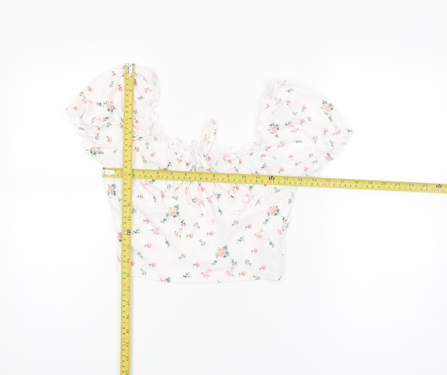 SHEIN Women’s White Floral Cropped Puff Sleeve Blouse S