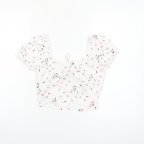 SHEIN Women’s White Floral Cropped Puff Sleeve Blouse S