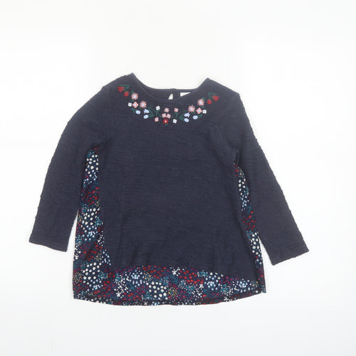 F&F Girls Blue Floral Embroidered Long Sleeve Cotton Shift Dress 5-6 Years