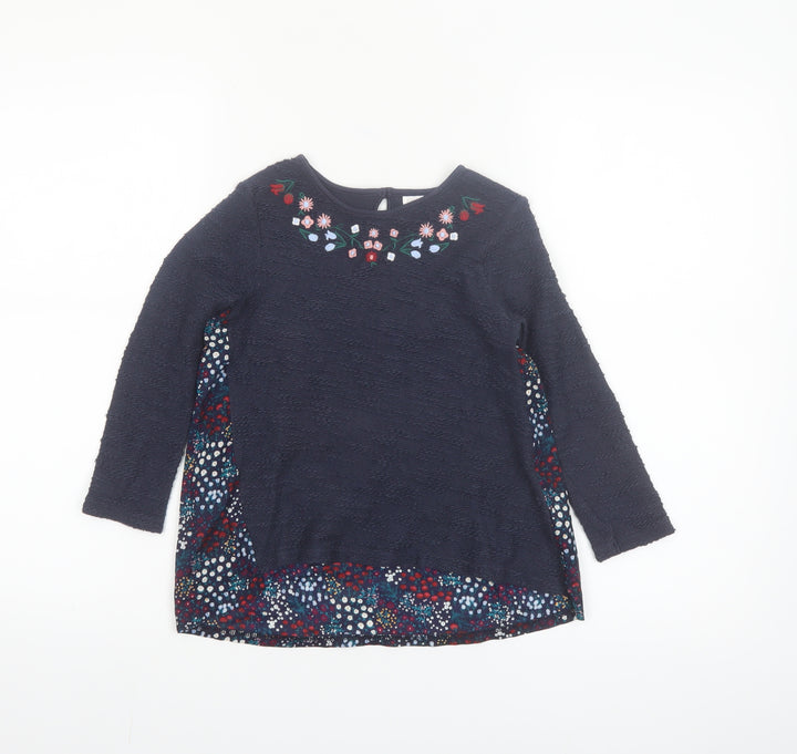 F&F Girls Blue Floral Embroidered Long Sleeve Cotton Shift Dress 5-6 Years
