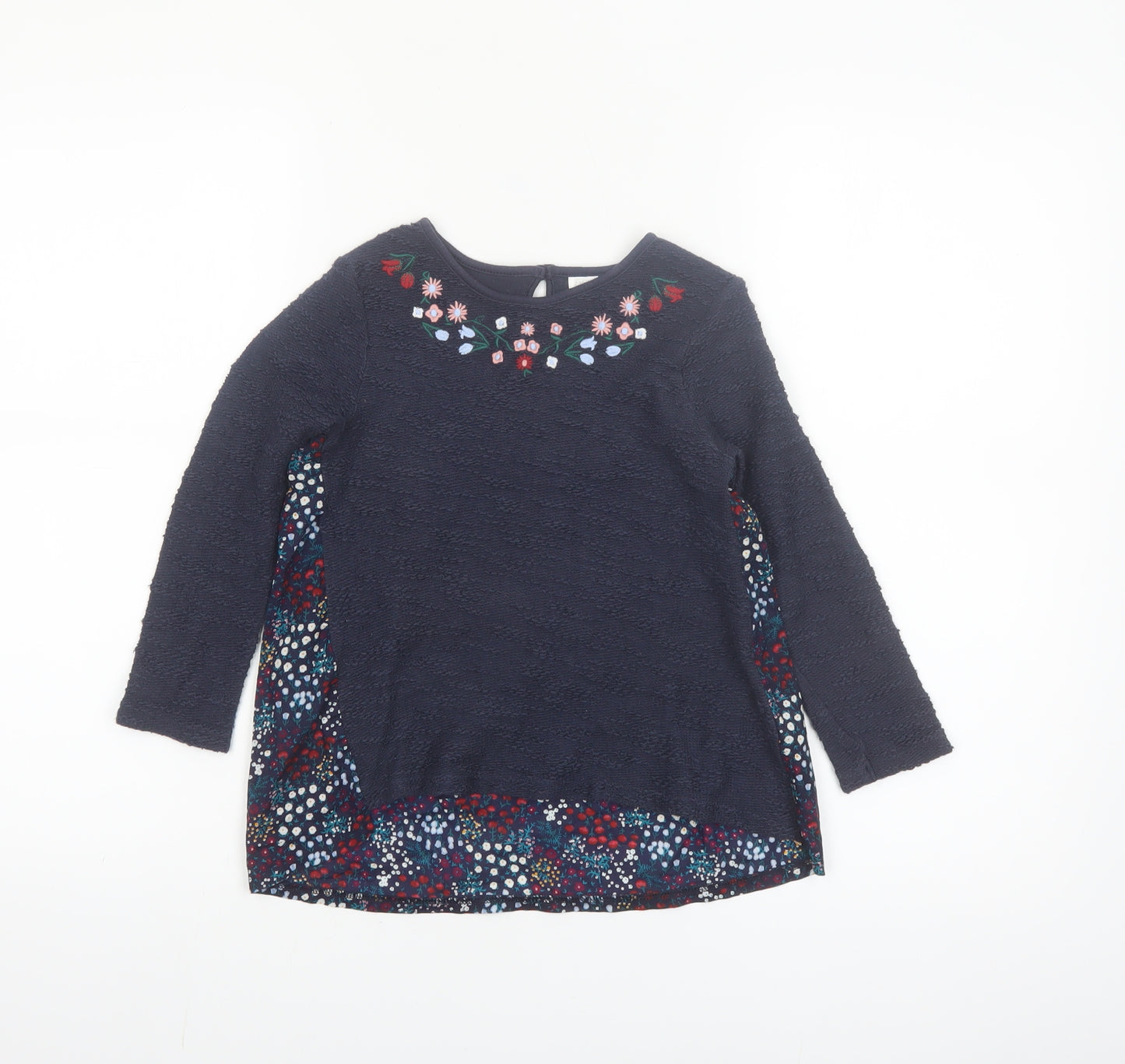 F&F Girls Blue Floral Embroidered Long Sleeve Cotton Shift Dress 5-6 Years