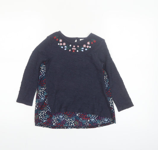 F&F Girls Blue Floral Embroidered Long Sleeve Cotton Shift Dress 5-6 Years